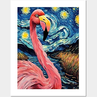 Flamingo Animal Painting in a Van Gogh Starry Night Art Style Posters and Art